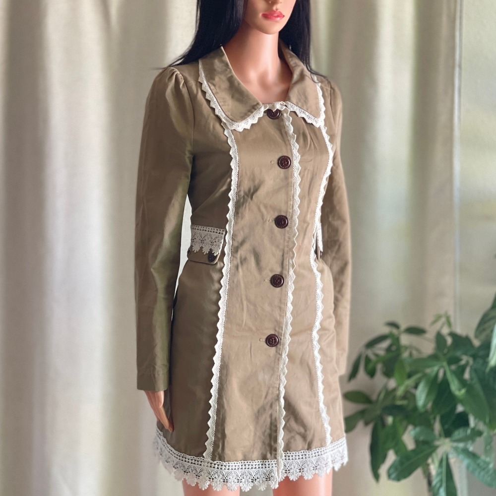 Khaki Cotton Lace Trim Trench Coat Back Bow Cottagecore Coquette Lolita Retro M